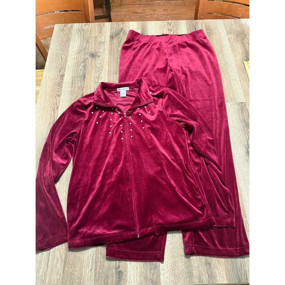 Rebecca Malone Outfit Womens Med Red Pants Pull on & Top Long Sleeve Zip Velvet